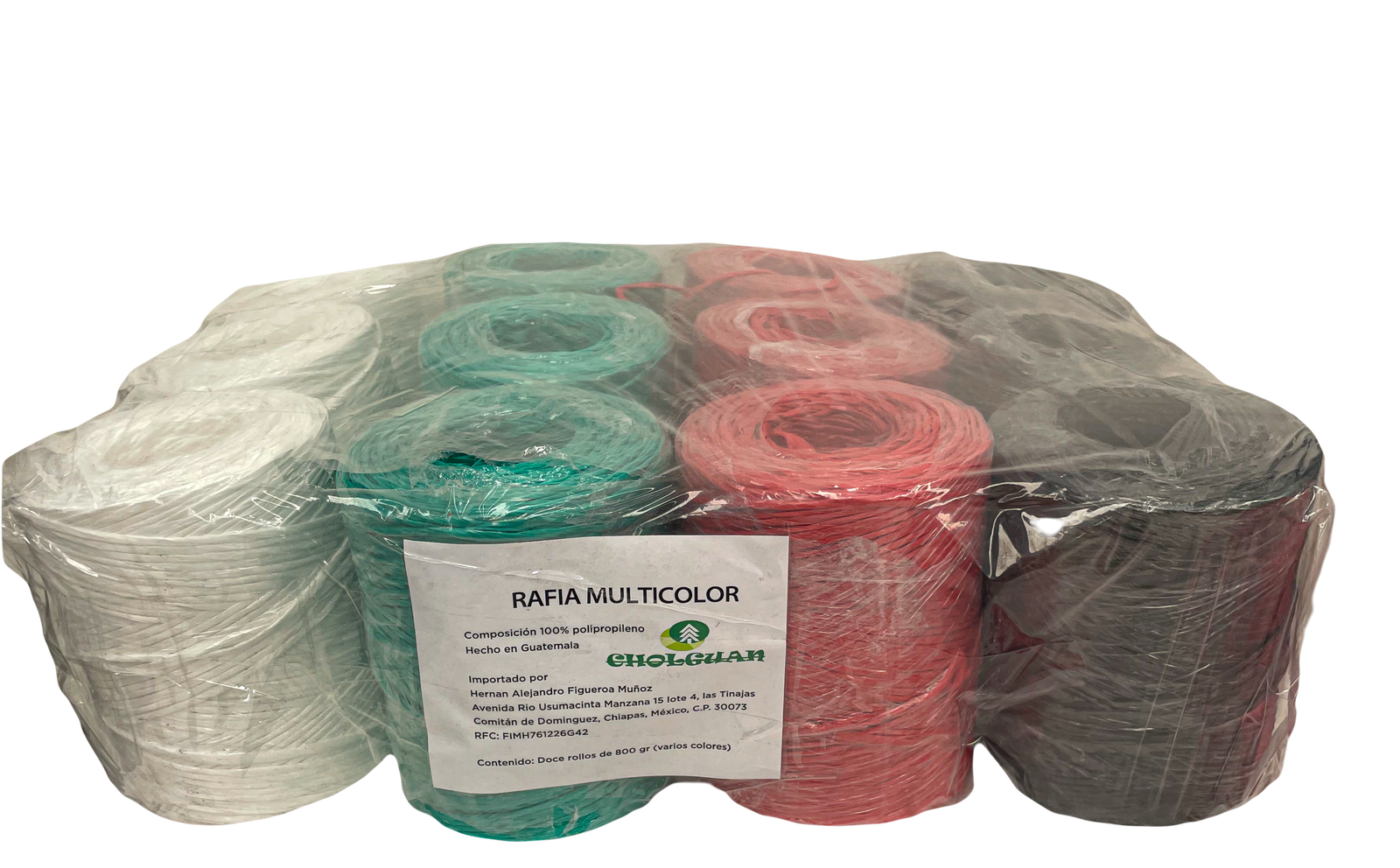 Rafia (Pita) Empaque multicolor cal 16000 de 800 gr. 4 Colores (blanco, verde, rojo y negro)